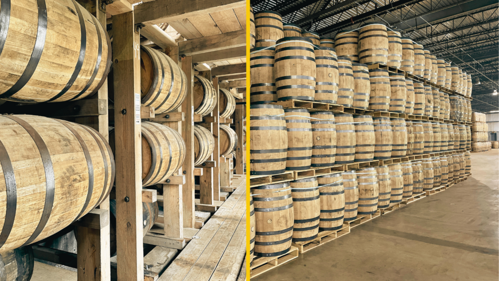 Barrels of bourbon aging in a traditional rickhouse.
